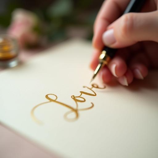 A close-up of a hand writing 'Love' in beautiful gold calligraphy on a wedding invitation.